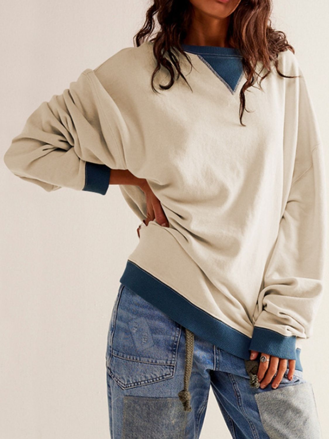 Contrast Dropped Shoulder Long Sleeve Sweatshirt - Charming Charlie
