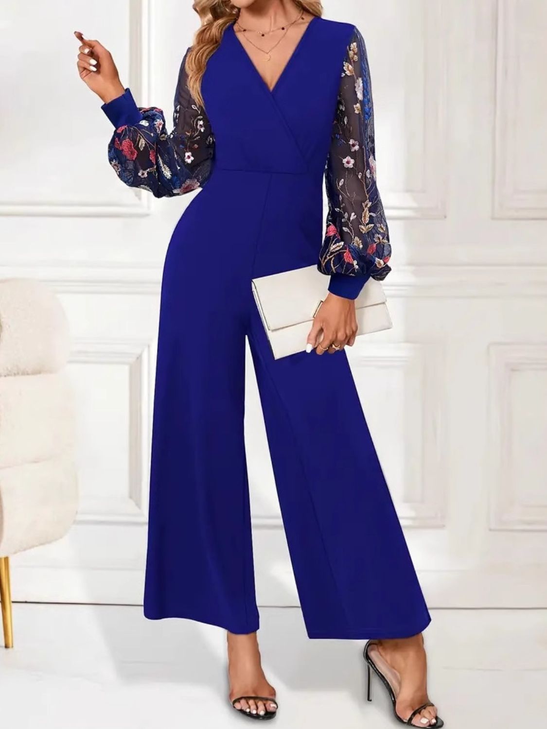 Surplice Embroidered Long Sleeve Wide Leg Jumpsuit - Charming Charlie