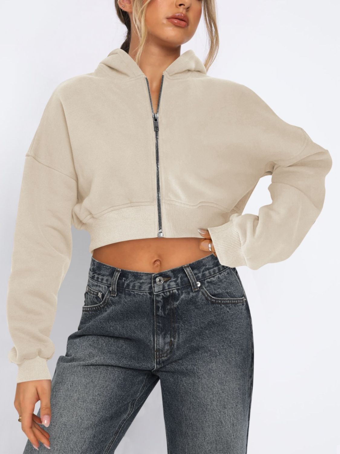 Zip Up Long Sleeve Hooded Cropped Jacket - Charming Charlie
