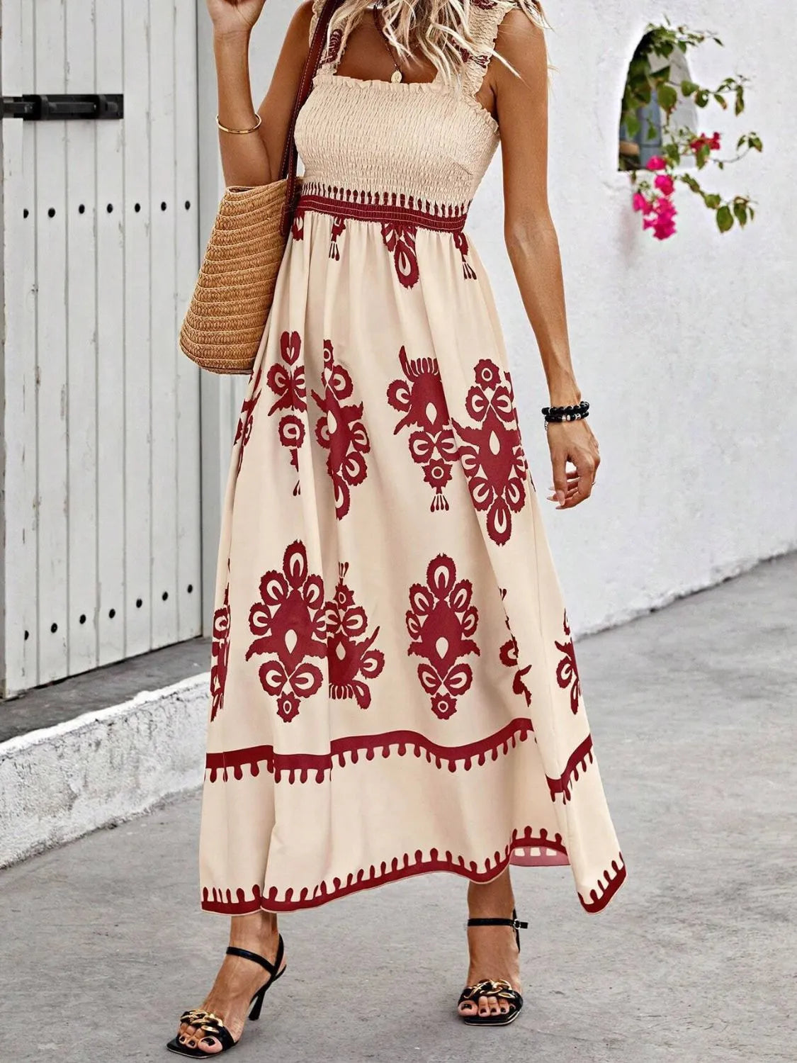 Smocked Printed Wide Strap Maxi Dress Rust / S