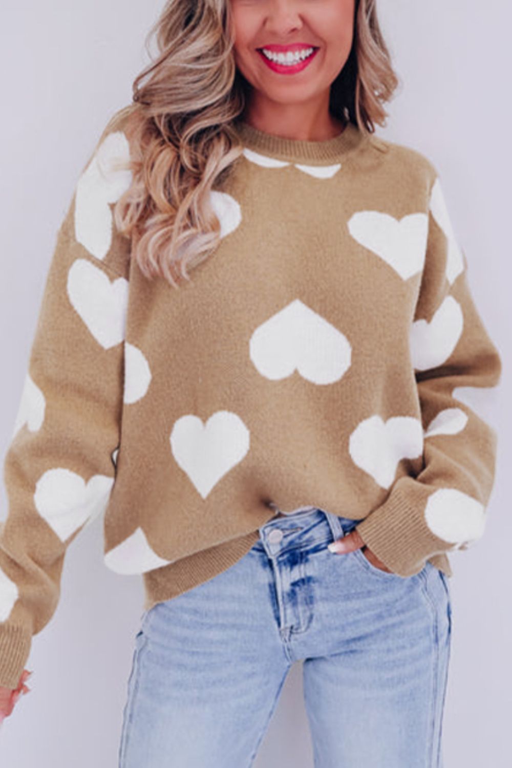 Heart Round Neck Long Sleeve Sweater - Charming Charlie