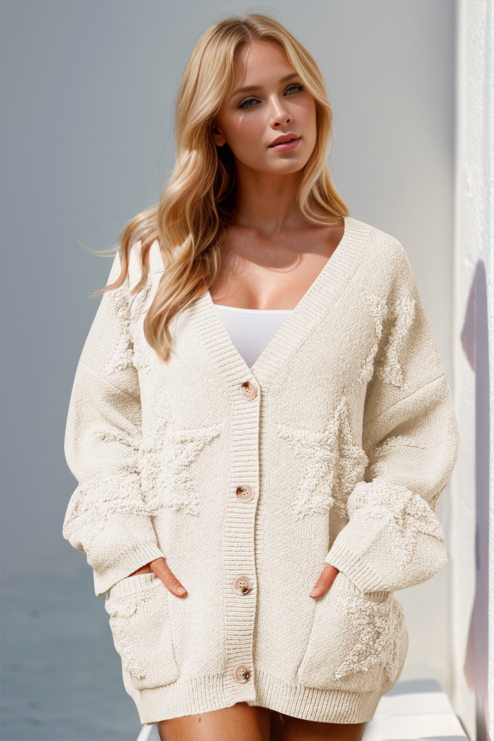 Double Take Full Size Button Up Star Pattern Cardigan – Charming