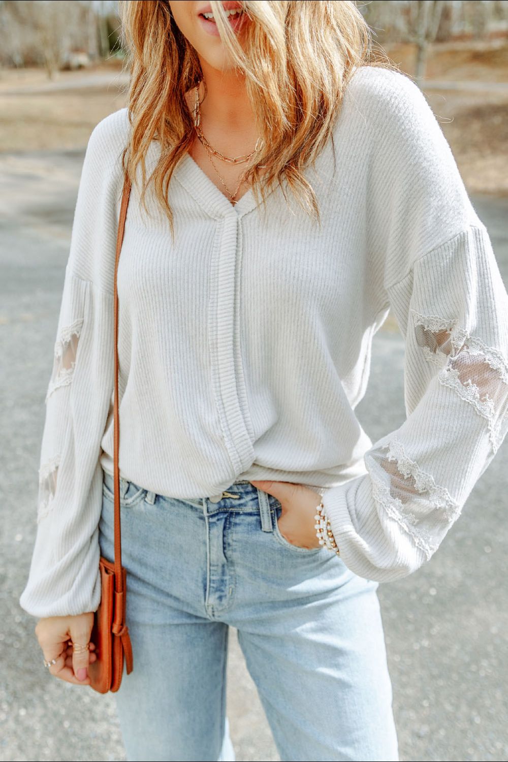 Lace Detail Drop Sleeve Ribbed Top - Charming Charlie