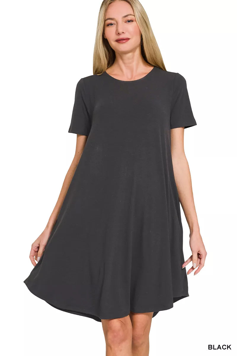 Zenana Short Sleeve Round Hem A-line Dress with Side Pockets – Charming ...