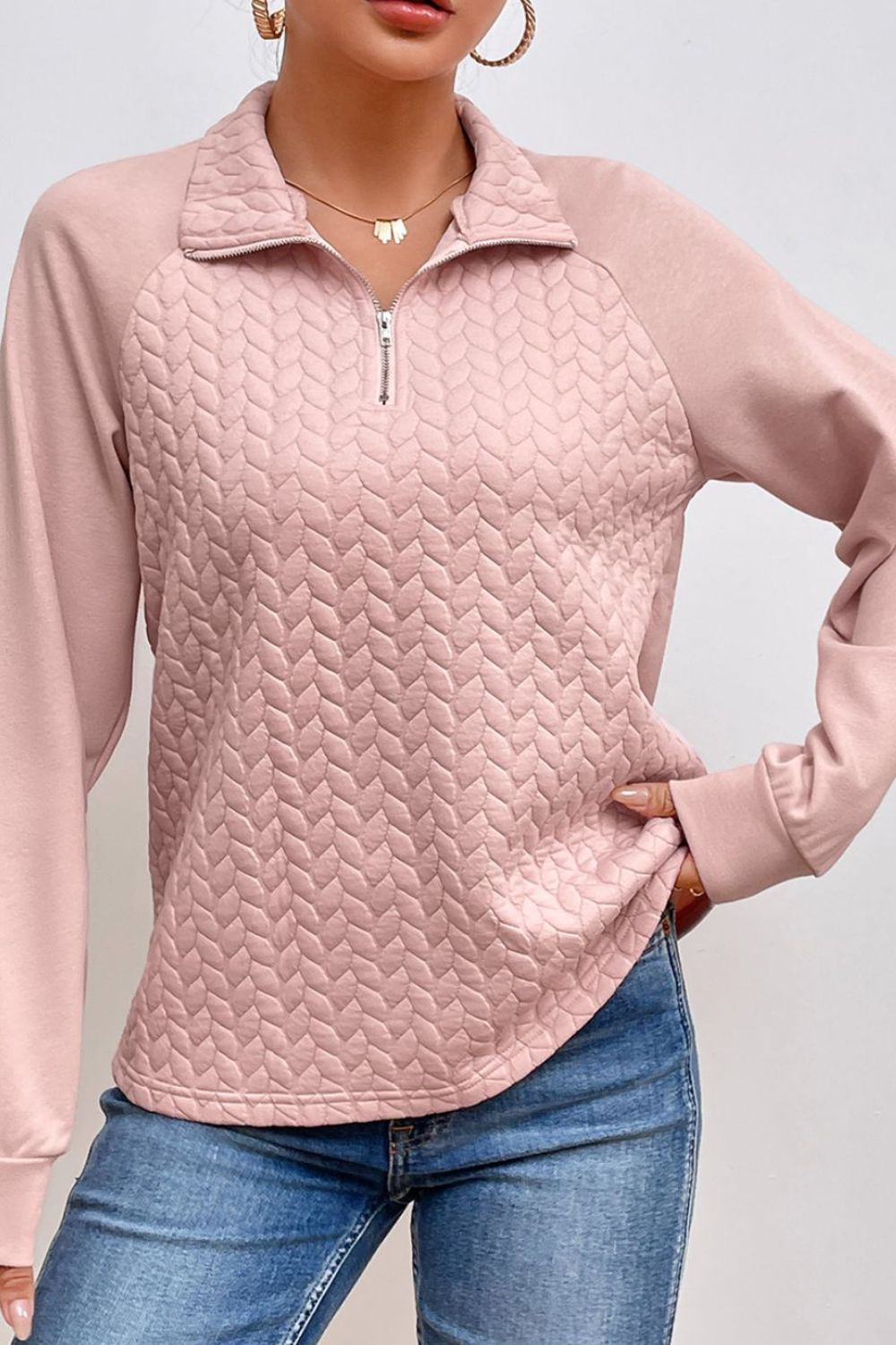 Textured Quarter Zip Long Sleeve Sweatshirt - Charming Charlie