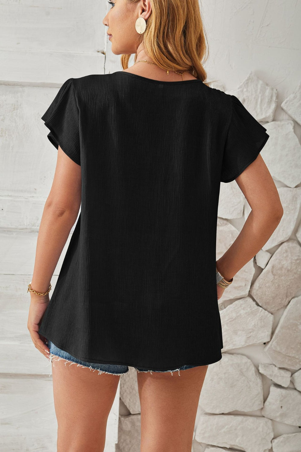 Ruched V-Neck Flounce Sleeve Blouse - Charming Charlie