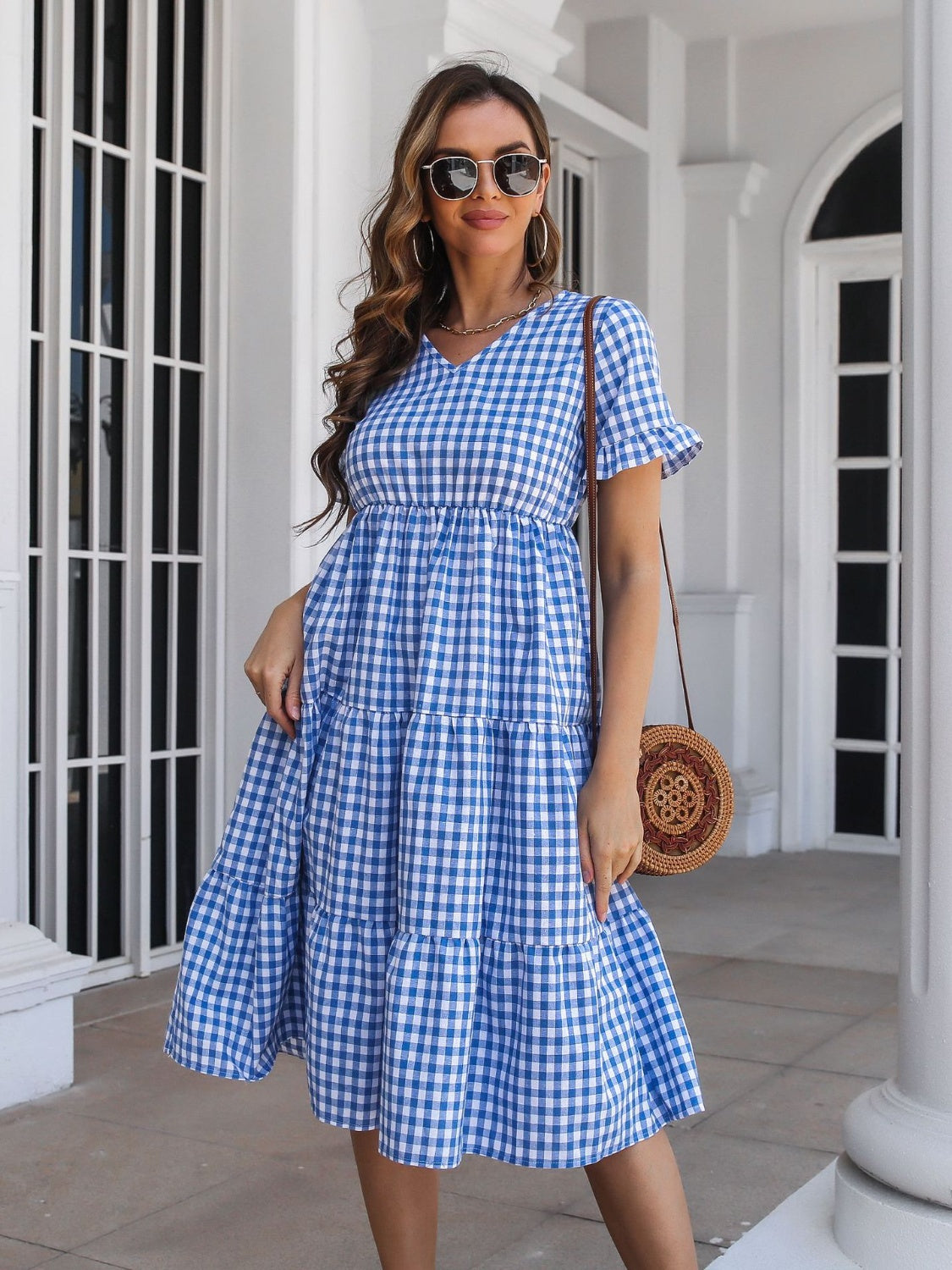 short sleeve plaid dress Plaid V-Neck Short Sleeve Midi Dress Blue / M