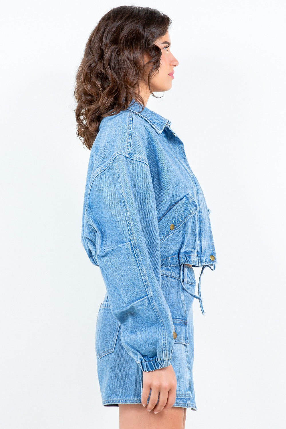 American Bazi Drawstring Waist Crop Denim Jacket – Charming Charlie