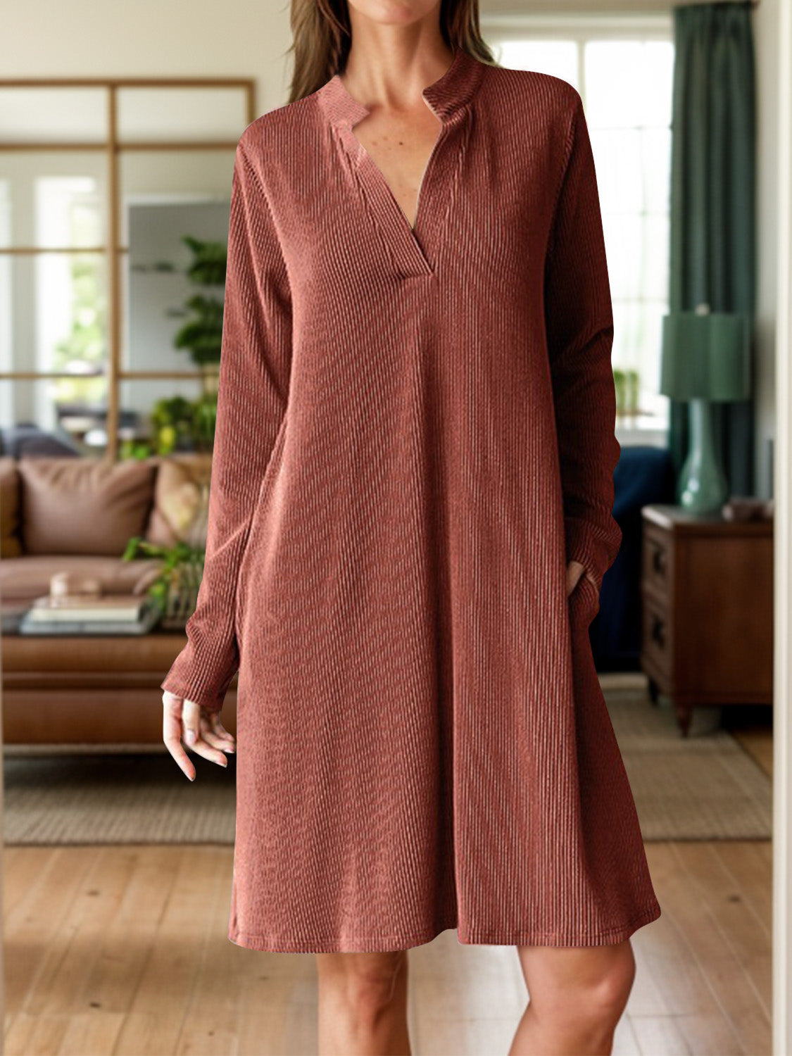 Notched Long Sleeve Mini Dress with Pockets - Charming Charlie