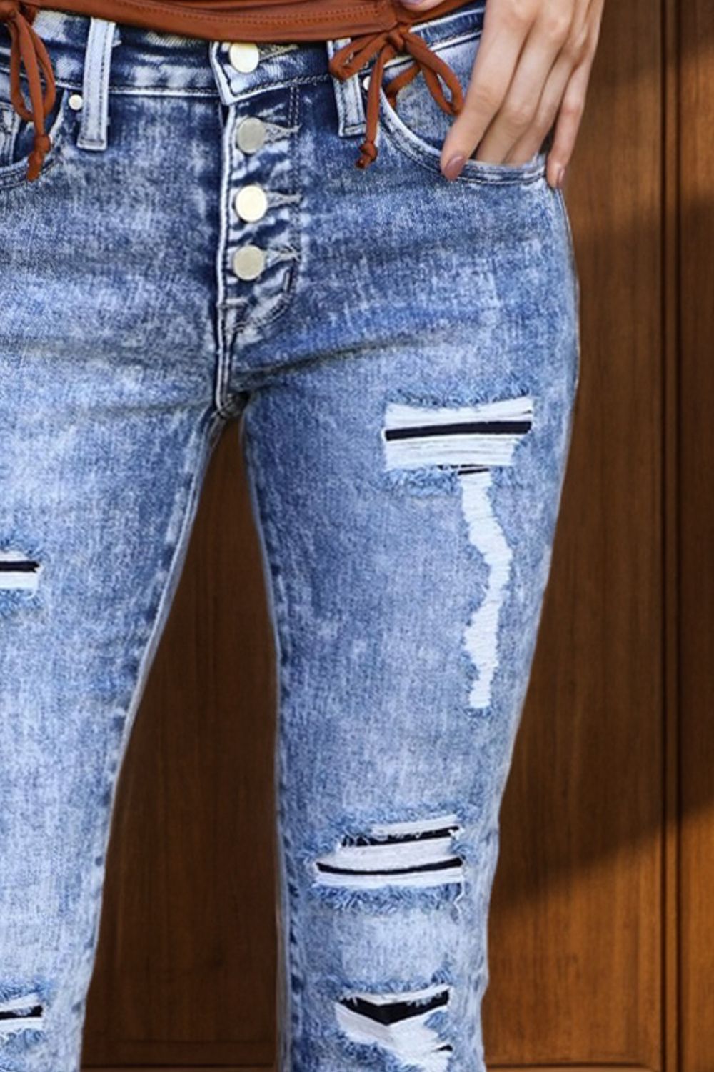 Distressed Button-Fly Bootcut Jeans with Pockets - Charming Charlie