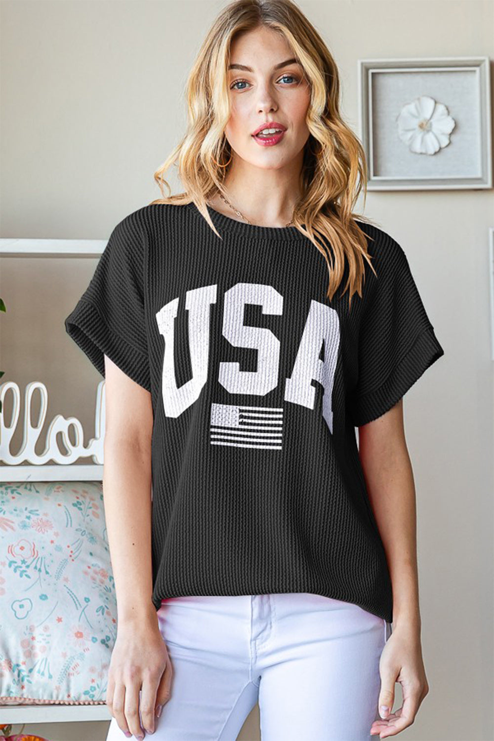 Heimish Full Size USA Graphic Short Sleeve Ribbed Top - Charming Charlie