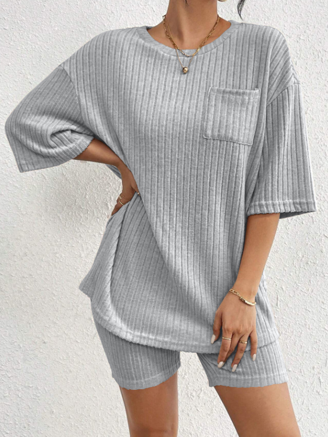 Ribbed Round Neck Top and Shorts Set - Charming Charlie