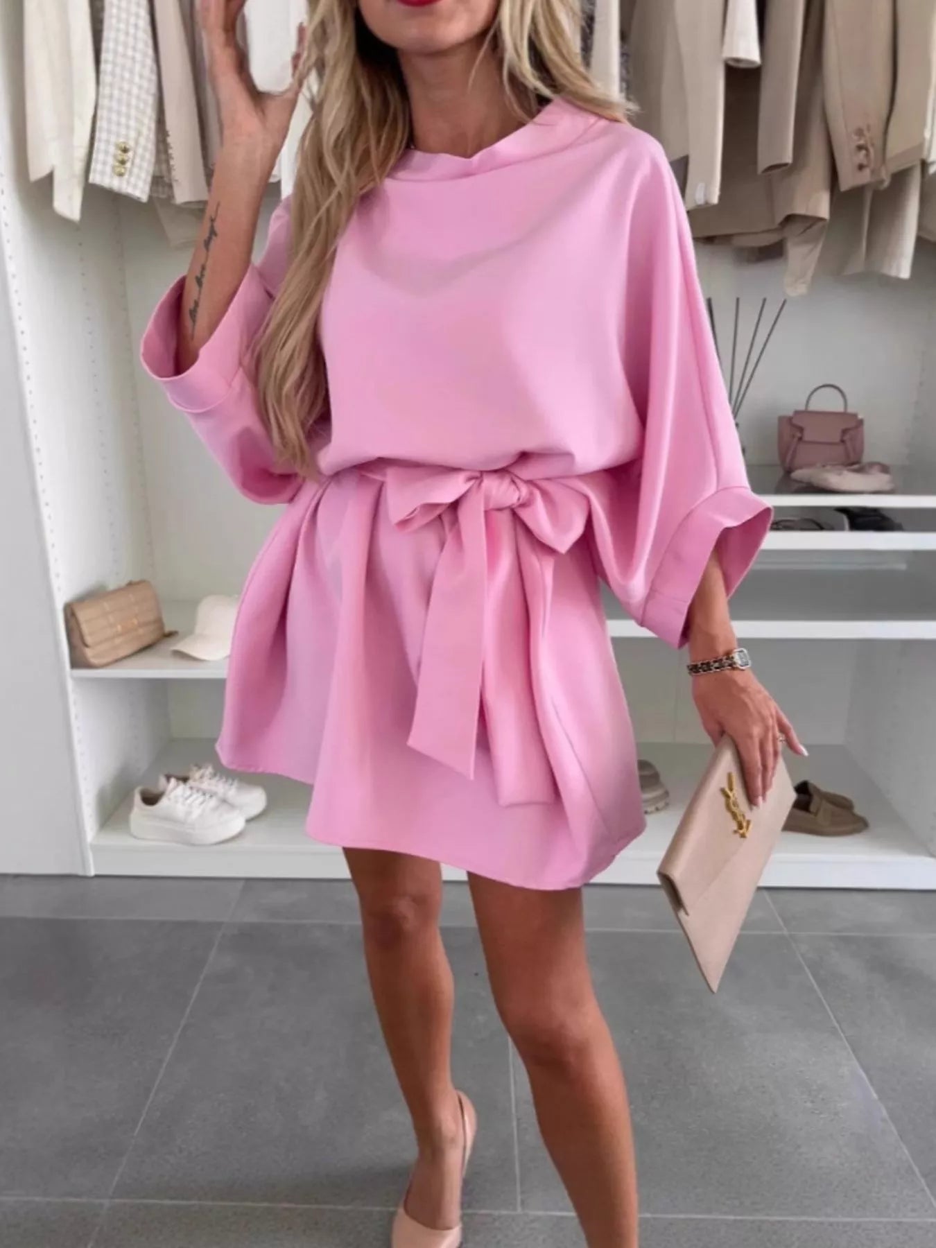 Batwing Sleeve Tie Waist Mini Dress Pink / S
