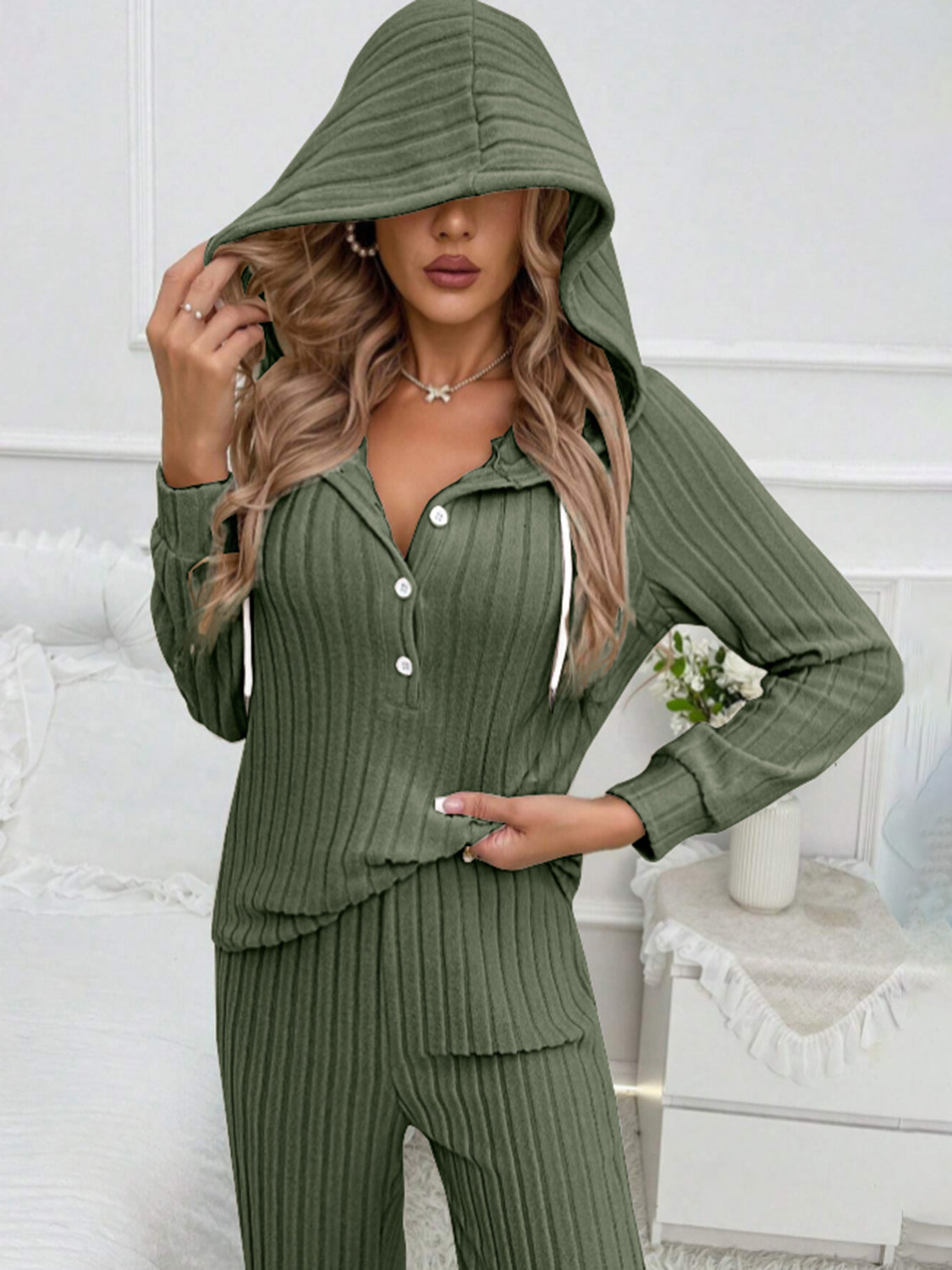 Drawstring Half Button Hooded Top and Ribbed Pants Set - Charming Charlie
