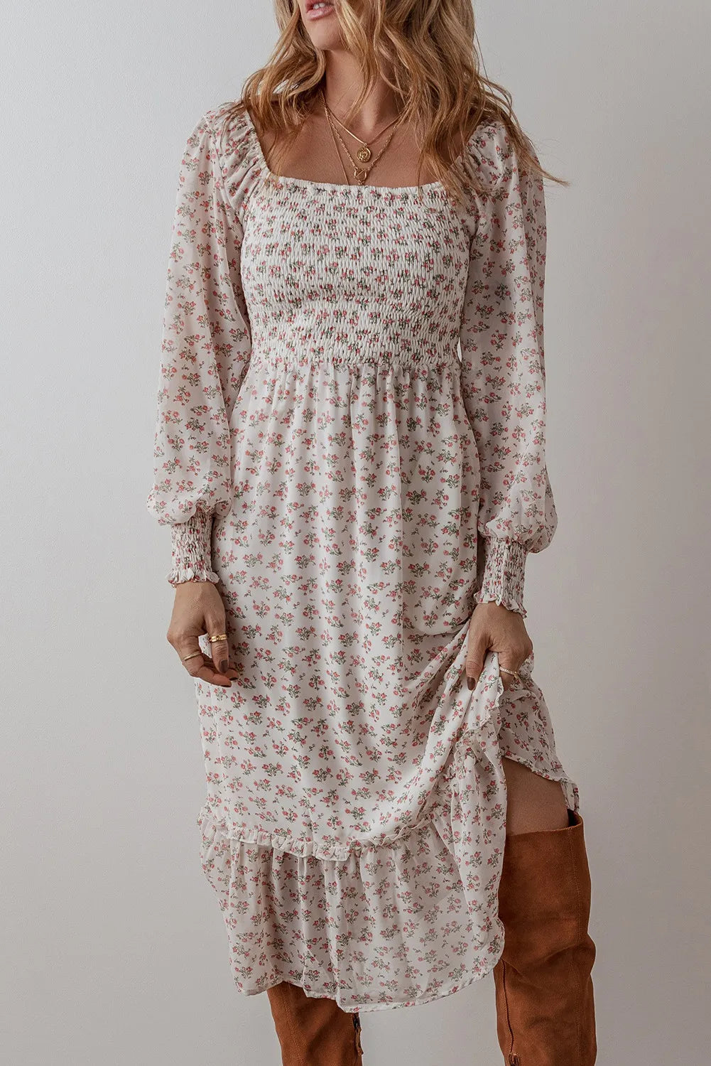 Wholesale MOQ6 Smocked Floral Square Neck Long Sleeve Midi Dress Wholesale MOQ6 Smocked Floral Square Neck Long Sleeve Midi Dress
