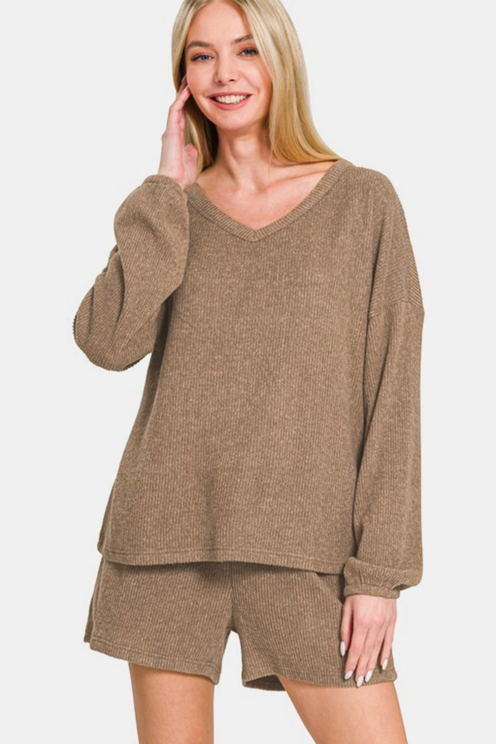 Zenana V-Neck Long Sleeve Ribbed Top and Shorts Set - Charming Charlie