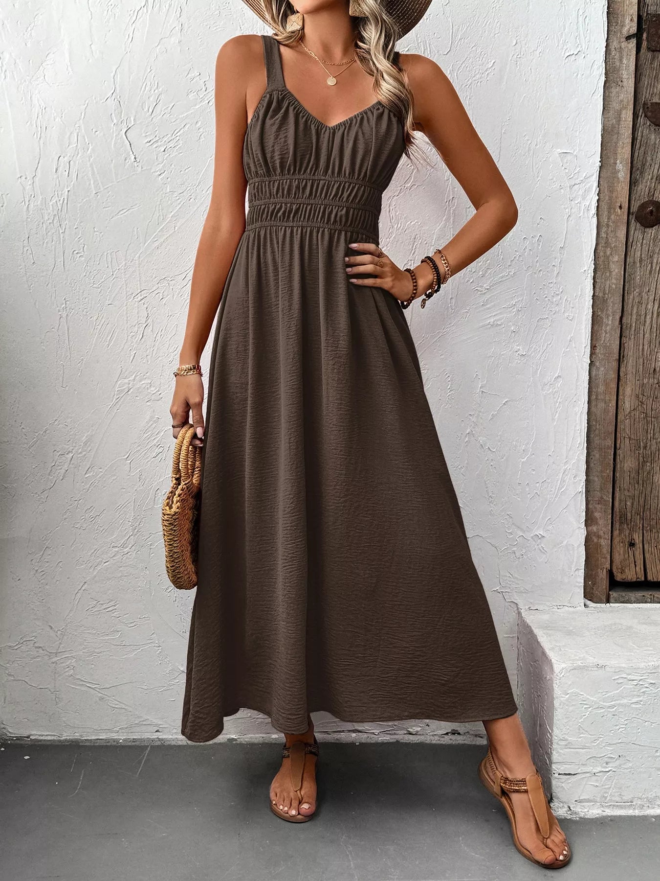 Sleeveless Smocked Casual Midi Dress Coffee Brown / S