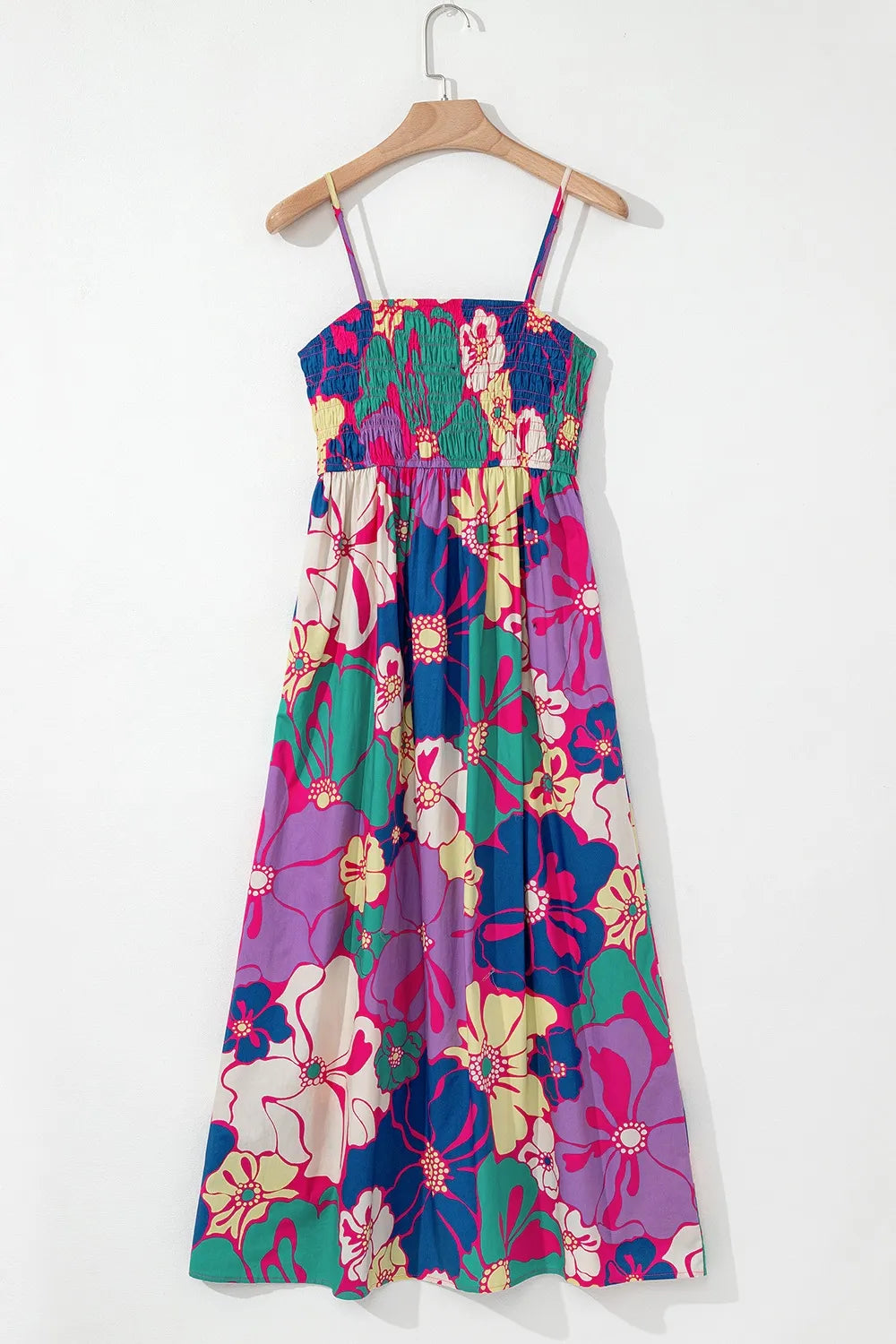 Floral Print Shirred Spaghetti Strap Loose Maxi Dress Purple / M