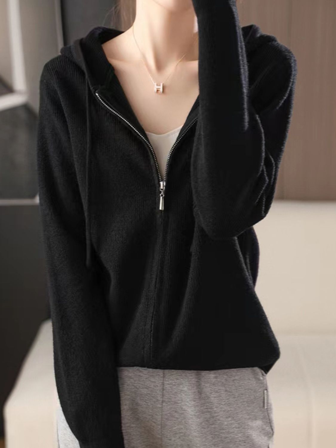 Drawstring Zip Up Long Sleeve Hooded Sweater - Charming Charlie