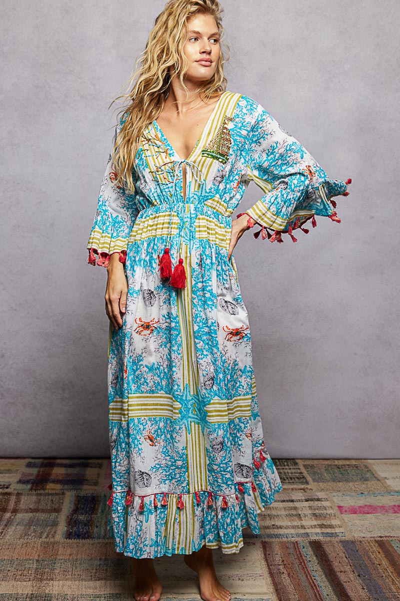 POL Bohemian Print Tassel Trim Maxi Dress IVORY/BLUE MULTI / M POL Bohemian Print Tassel Trim Maxi Dress IVORY/BLUE MULTI / M