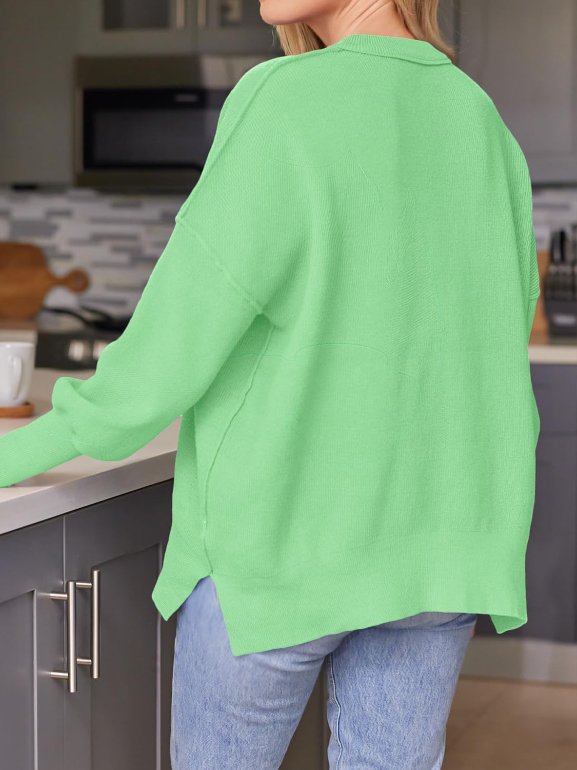 Slit Round Neck Dropped Shoulder Sweater - Charming Charlie