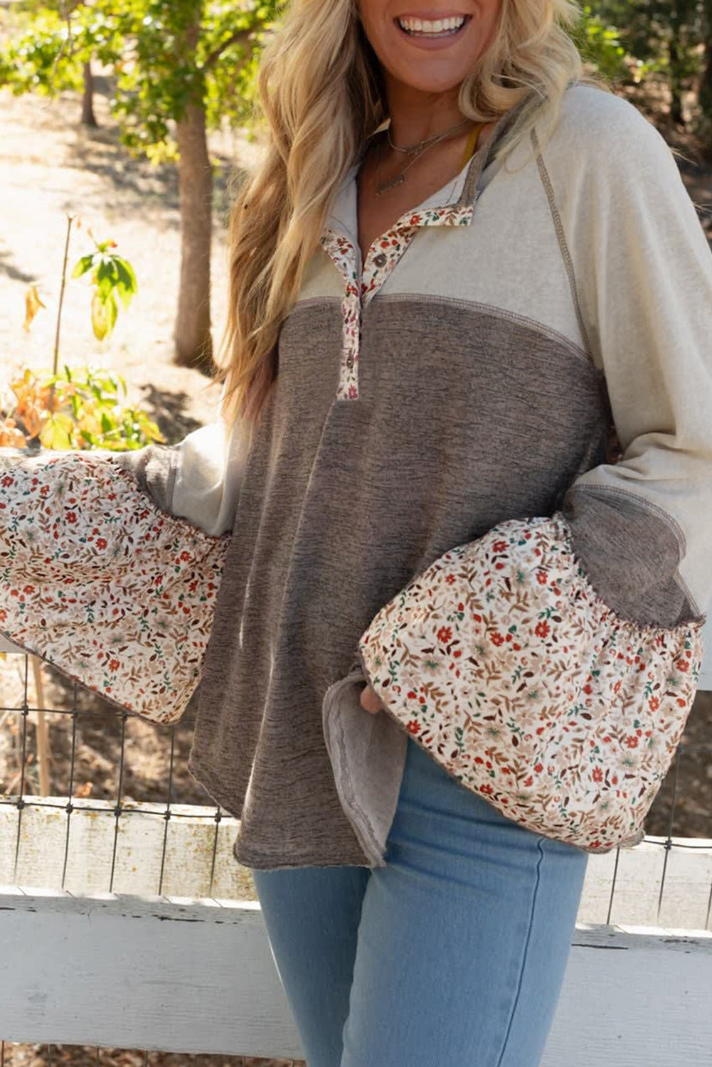 Floral Half Button Long Sleeve T-Shirt - Charming Charlie