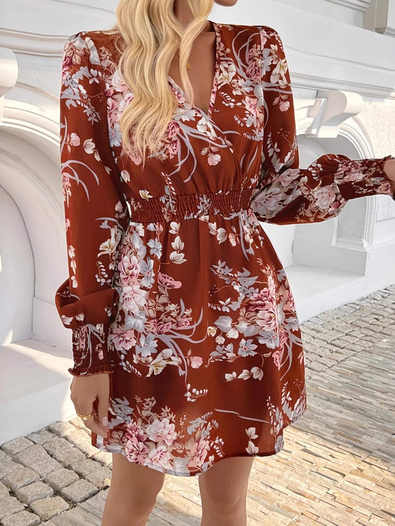 Floral Long Sleeve Mini Dress with Smocked Waist Charming Charlie Floral Long Sleeve Mini Dress with Smocked Waist Charming Charlie