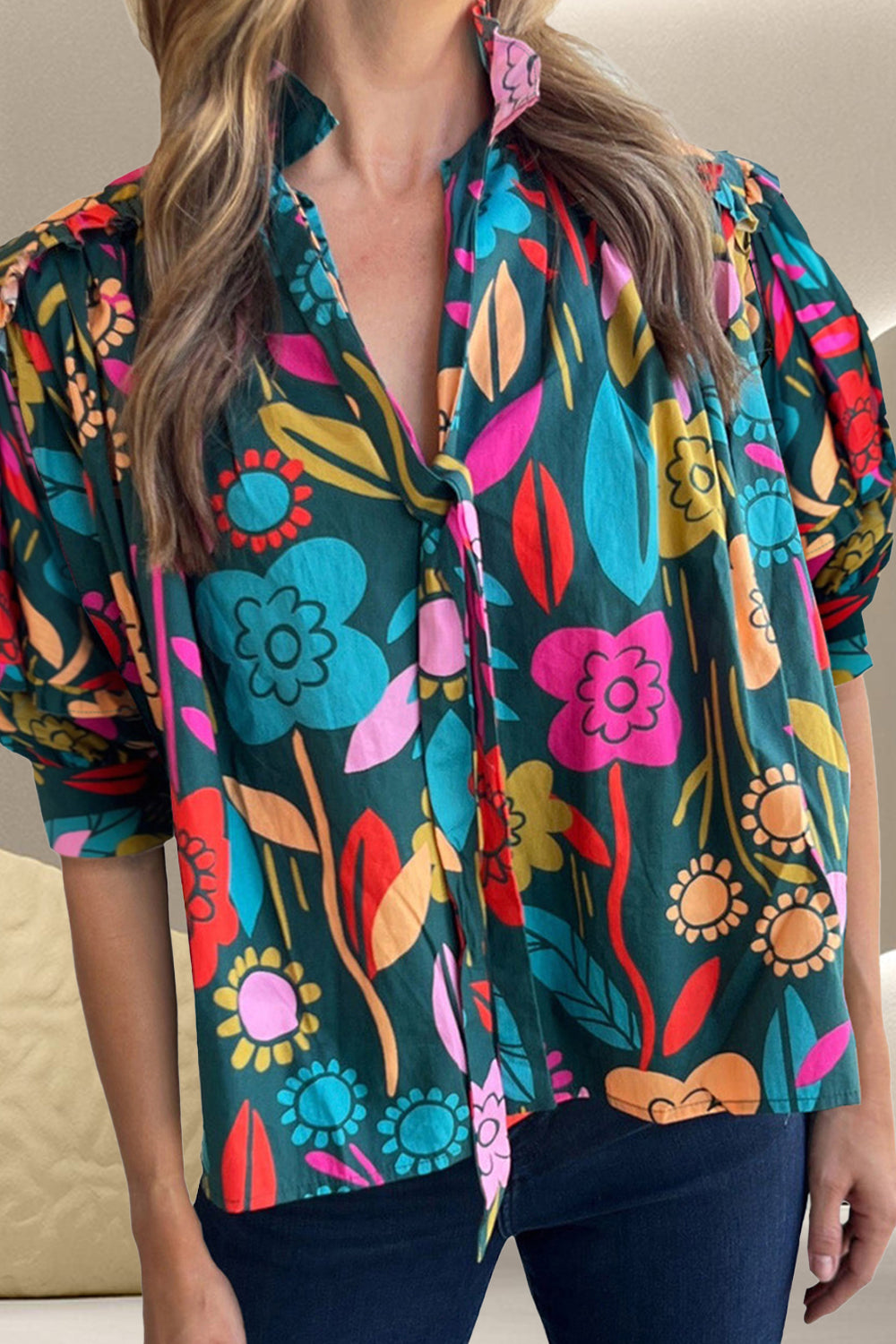 Printed Tie Neck Half Sleeve Blouse - Charming Charlie