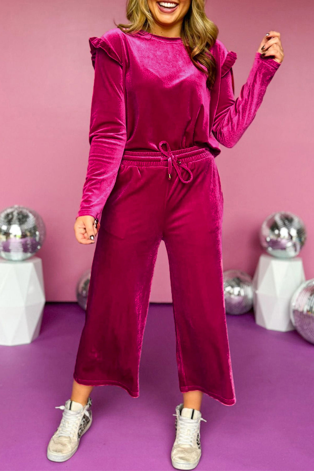 Frill Round Neck Long Sleeve Top and Pants Set - Charming Charlie