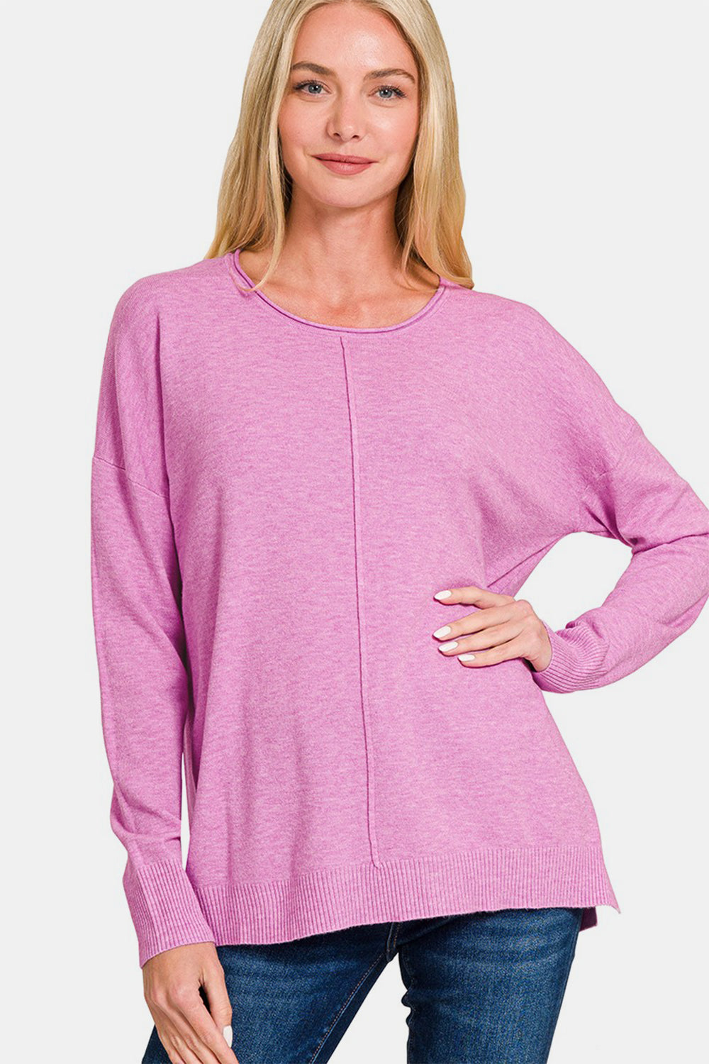 Zenana Front Seam Round Neck Sweater - Charming Charlie