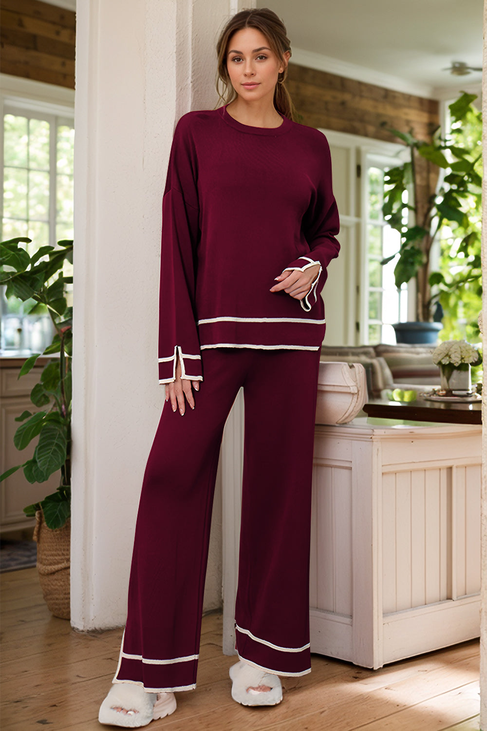 High-Low Round Neck Top and Pants Sweater Set - Charming Charlie