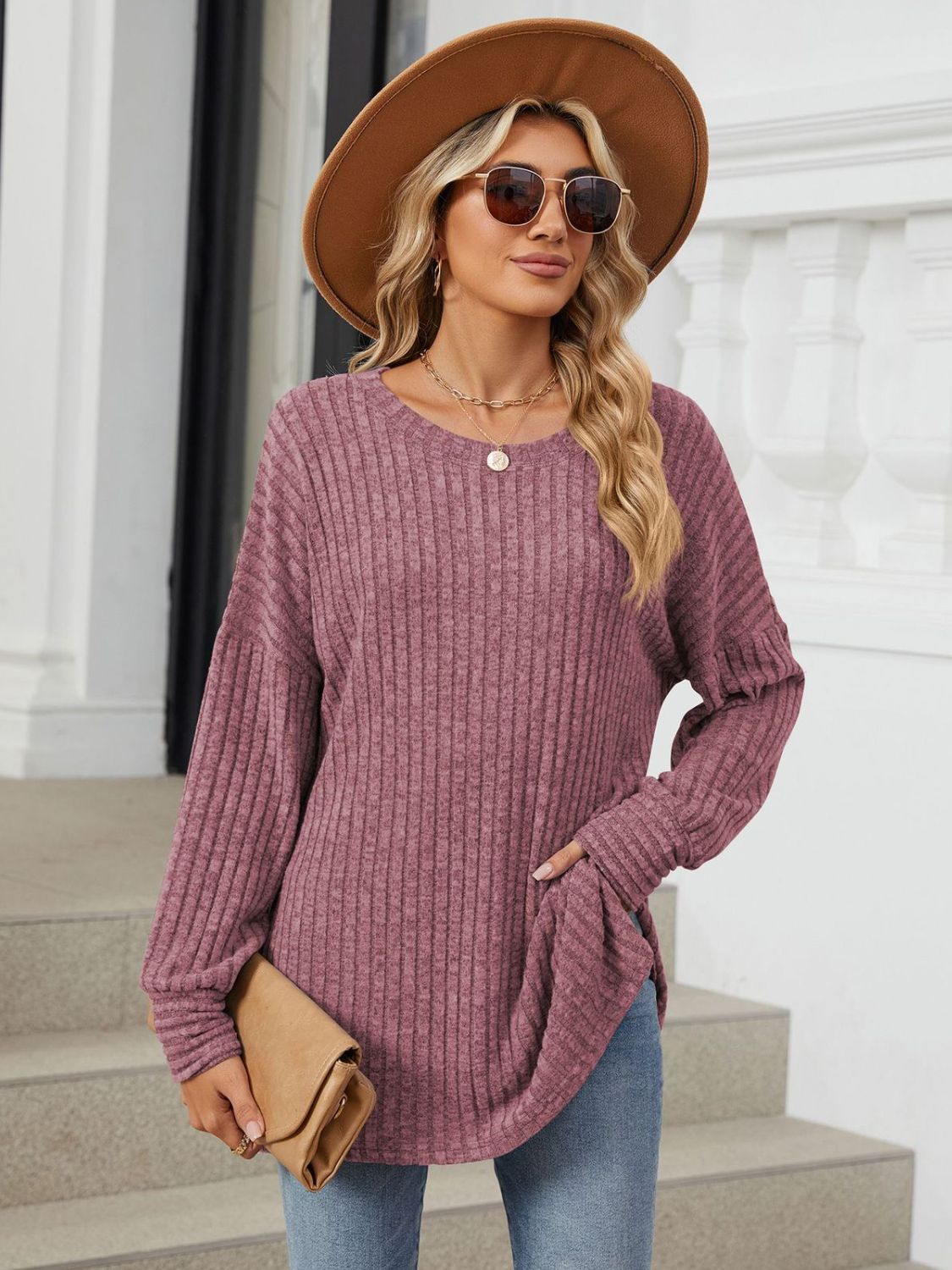 Ribbed Round Neck Long Sleeve T-Shirt - Charming Charlie