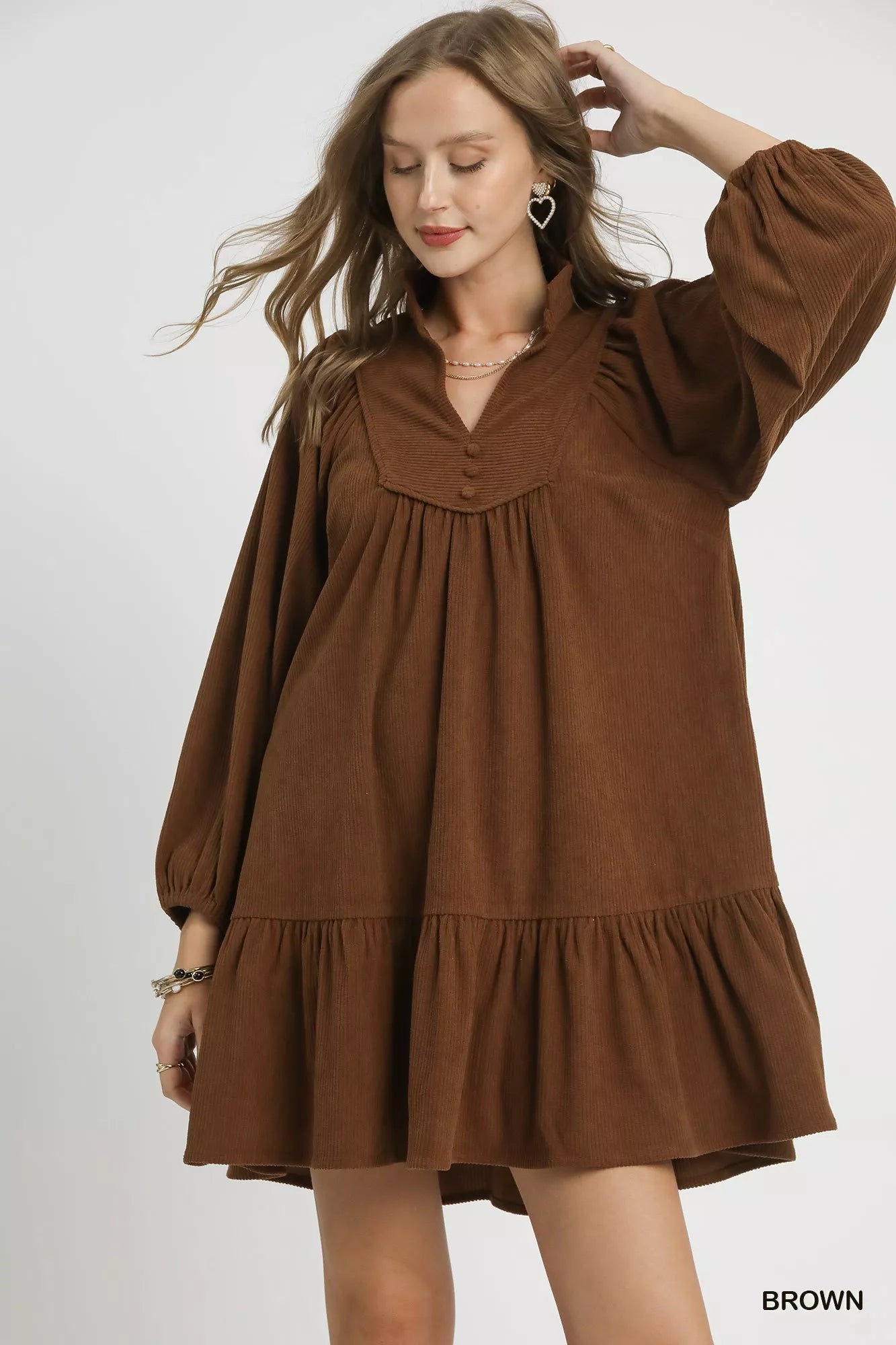 Umgee Corduroy Tiered Babydoll Dress Brown / M