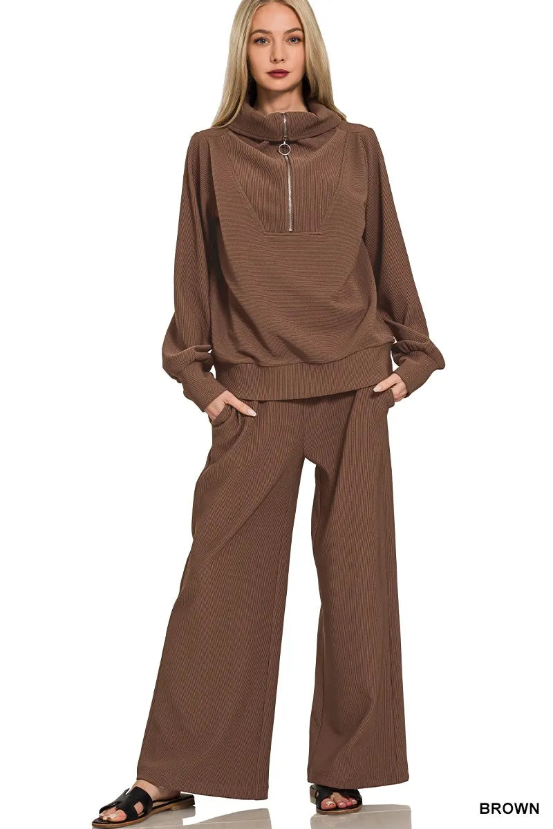 Zenana Ribbed High Neck Half Zip Pullover & Pants Set – Charming