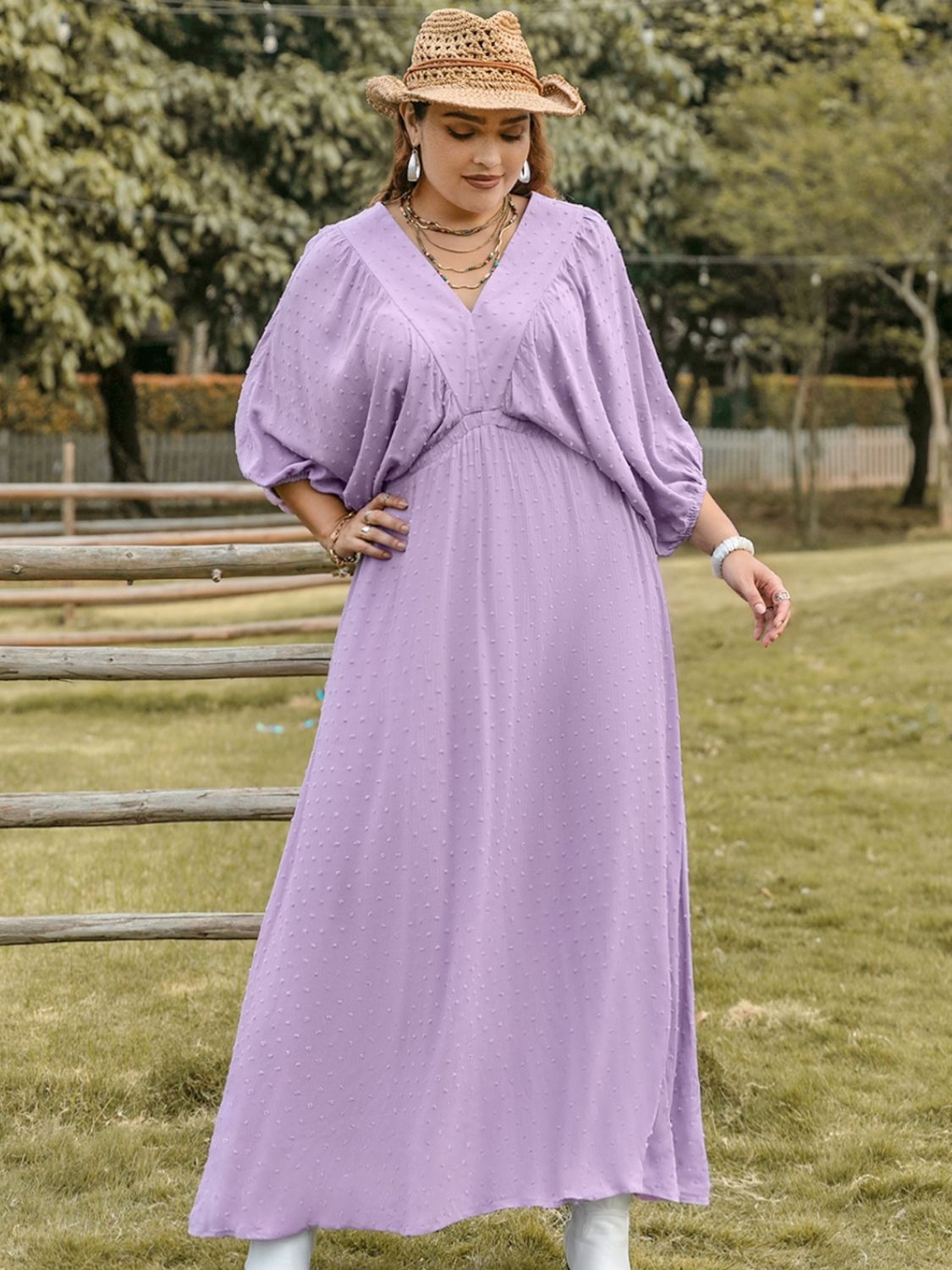 Plus Size Swiss Dot V-Neck Midi Dress Pink Purple / 2XL Plus Size Swiss Dot V-Neck Midi Dress Pink Purple / 2XL