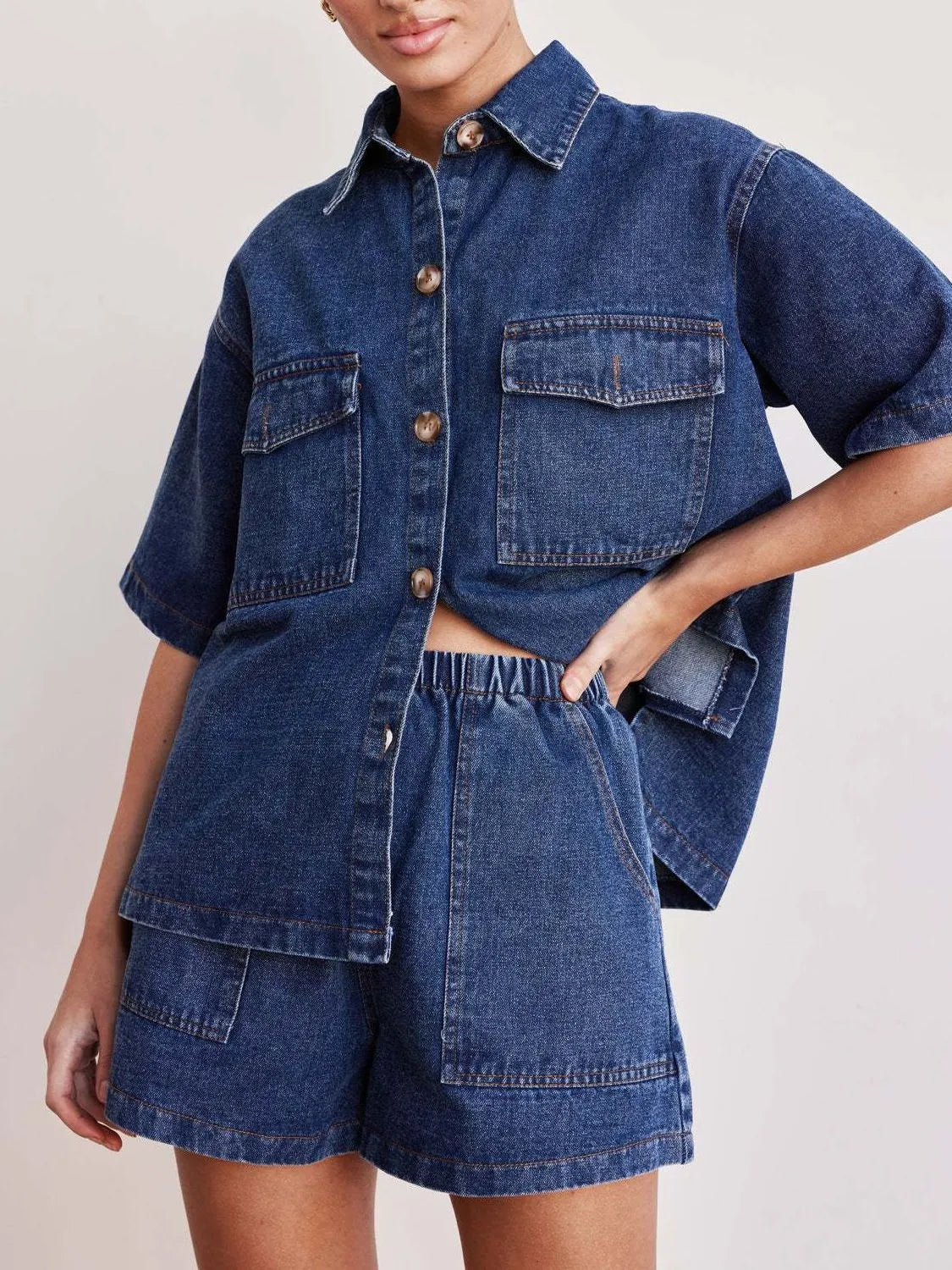 Button Up Short Sleeve Top and Shorts Denim Set – Charming Button Up Short Sleeve Top and Shorts Denim Set – Charming
