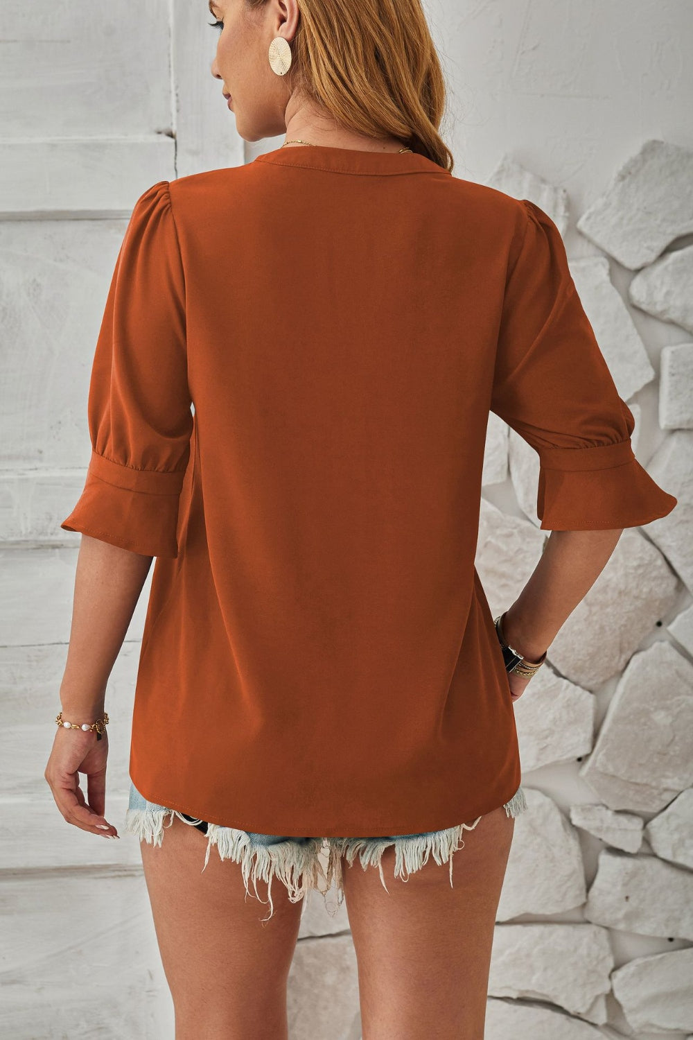 Notched Half Sleeve Blouse - Charming Charlie