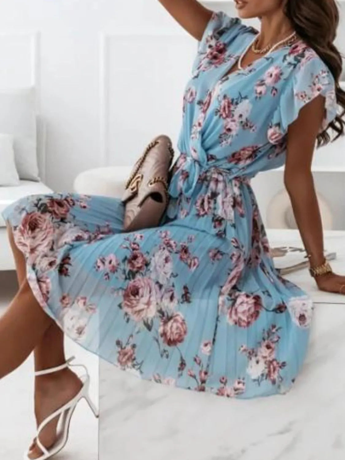 Floral Drawstring Waist Ruffled Surplice Dress