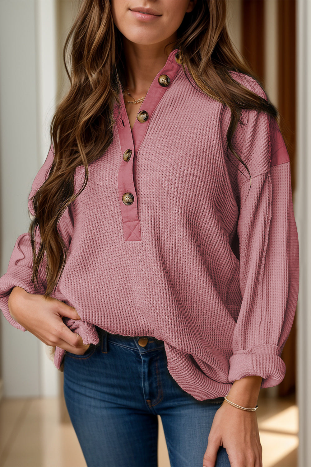Half Button Long Sleeve Top - Charming Charlie