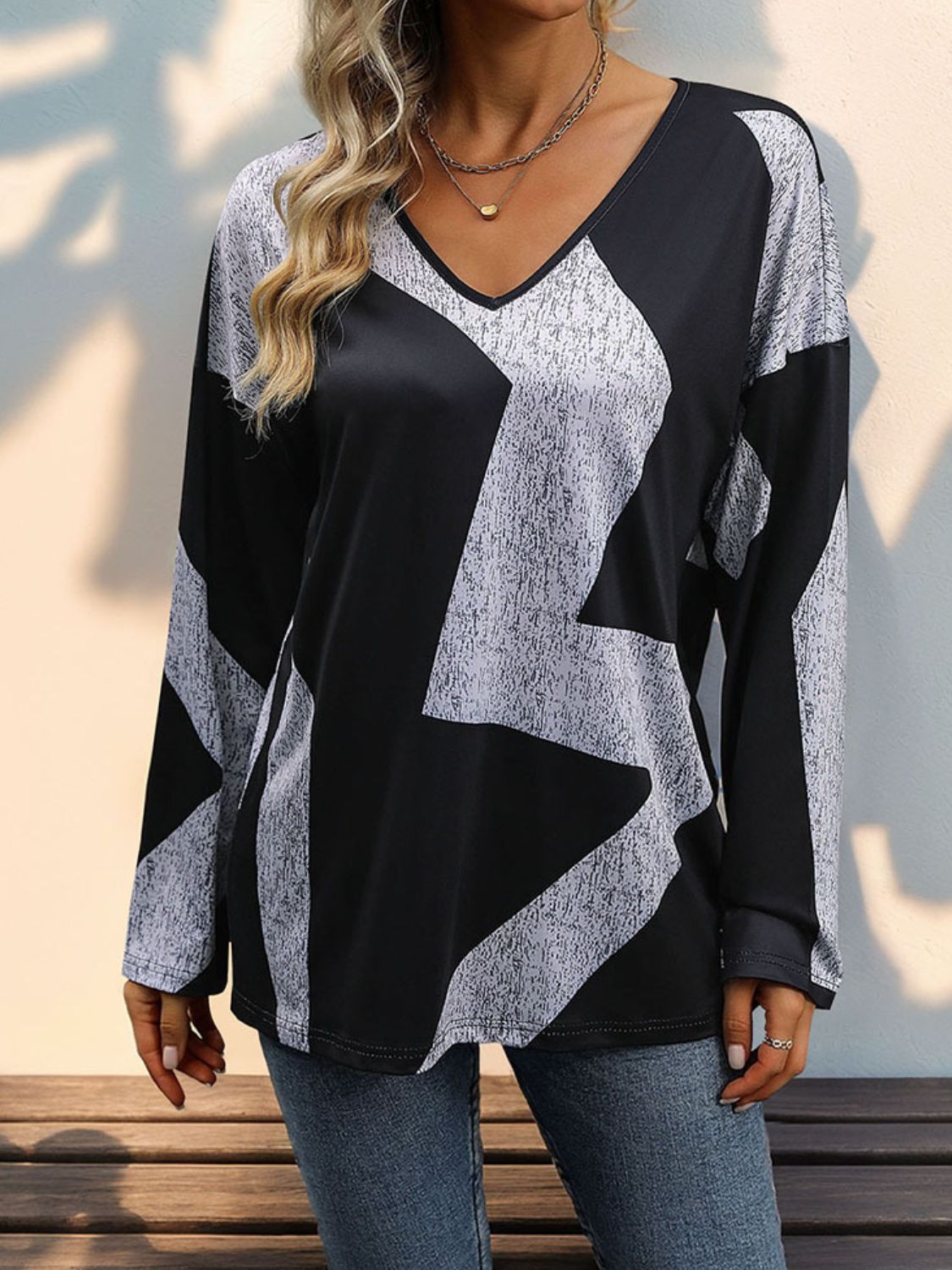 Color Block V-Neck Long Sleeve T-Shirt - Charming Charlie