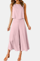 Round Neck Top and Wide Leg Pants Set - Charming Charlie