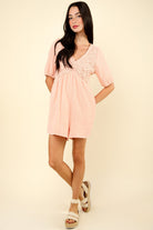 VERY J Lace Detail Puff Sleeve Romper with Pockets - Charming Charlie