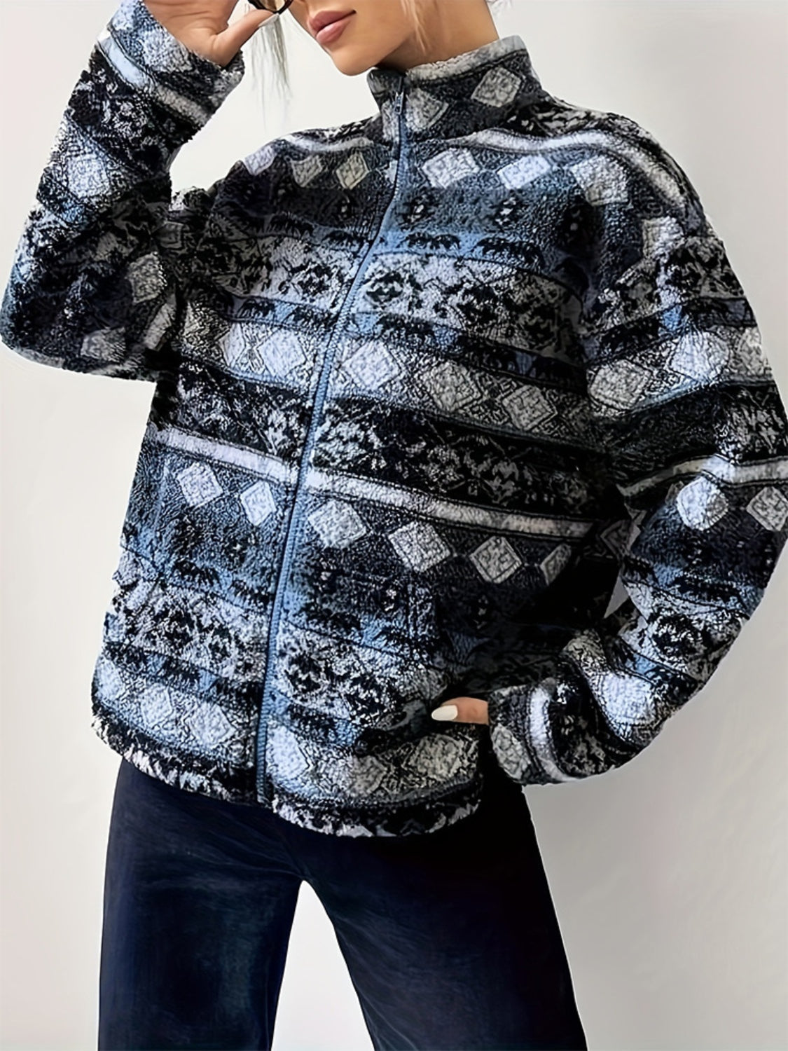 Geometric Turtleneck Zip Up Jacket - Charming Charlie