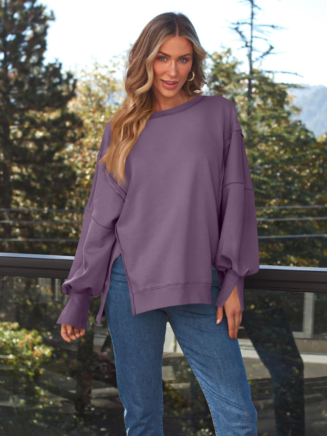 Slit Round Neck Long Sleeve Sweatshirt - Charming Charlie