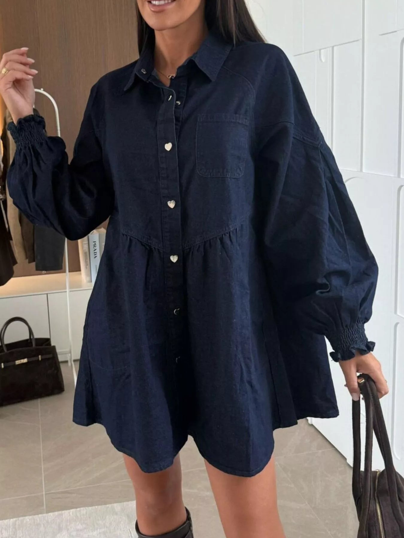 charlie denim mini dress Button Down Mini Denim Dress with Front Pockets – Charming Charlie