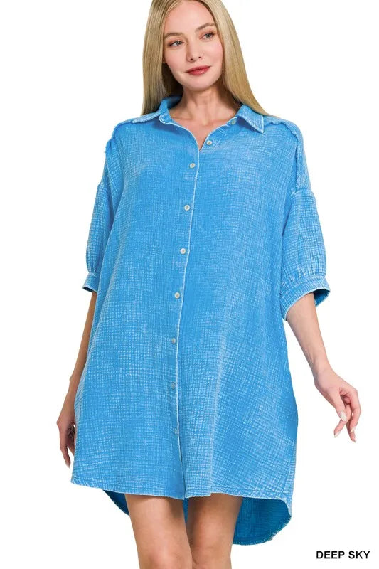 Zenana Washed Double Gauze Button Down Shirt Dress DEEP SKY / S Zenana Washed Double Gauze Button Down Shirt Dress DEEP SKY / S