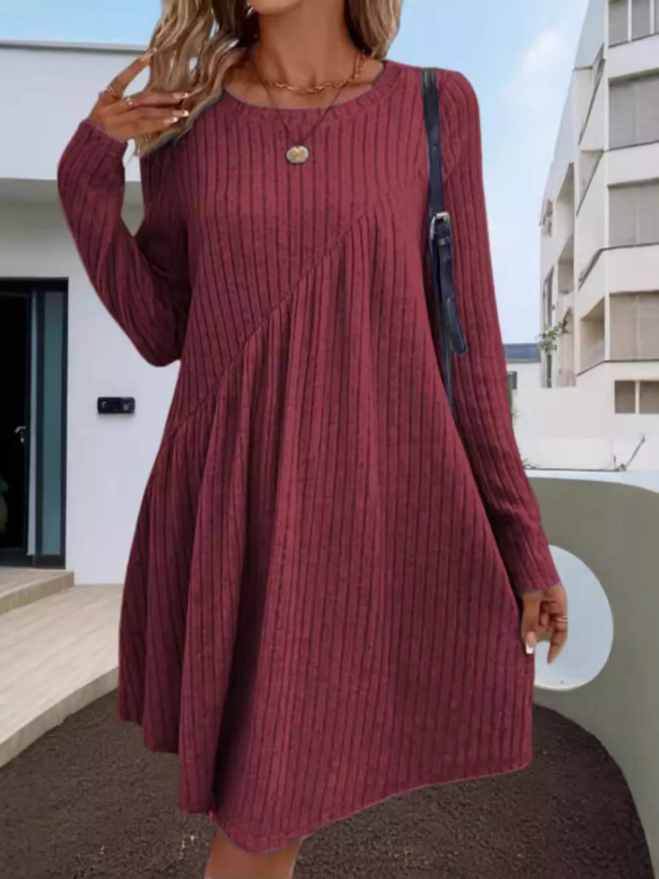rib knit swing dress Casual Ribbed Knit Long Sleeve Swing Dress – Charming Charlie