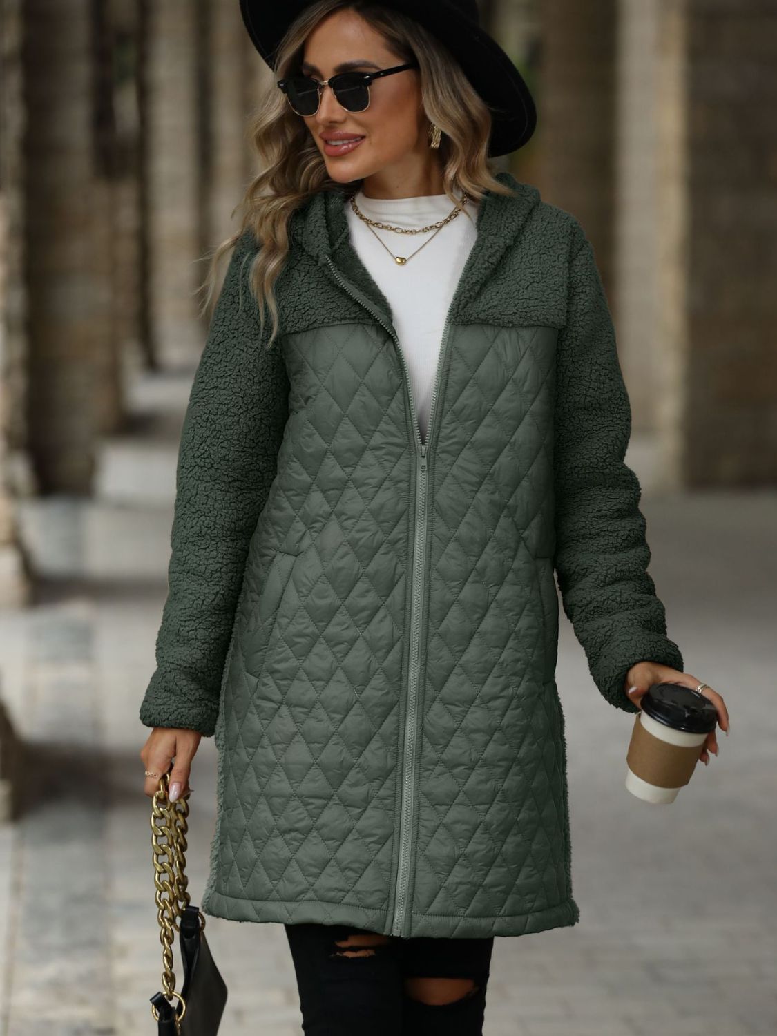 Texture Zip Up Long Sleeve Hooded Coat - Charming Charlie