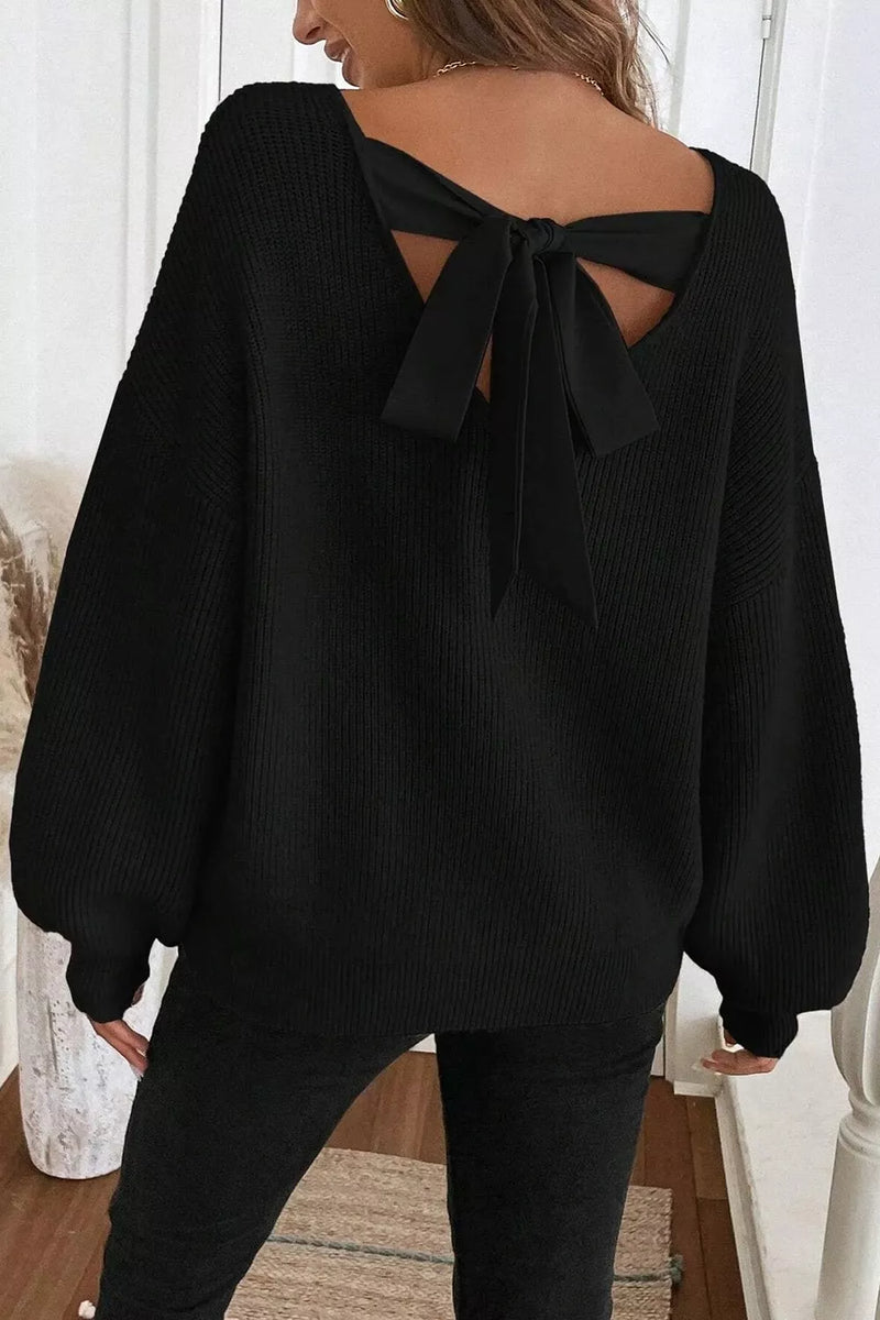 Ribbed Knit Ribbon Knot Backless Drop Shoulder Sweater – Charming Charlie