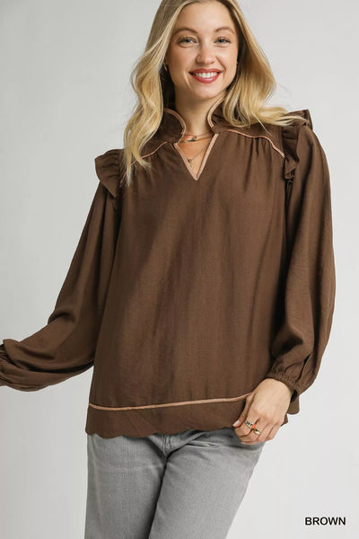 Umgee Ruffle Shoulder Long Sleeve Blouse – Charming Charlie